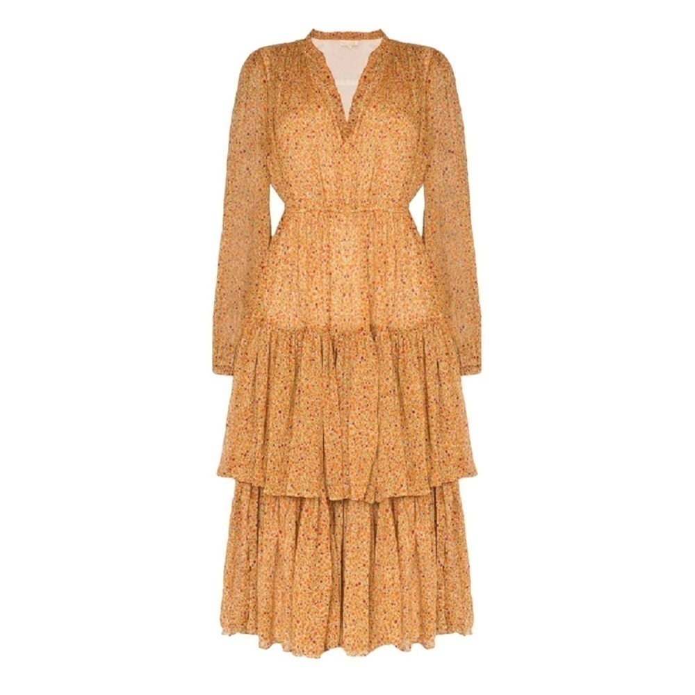 ByTimo- Orange Printed Long Sleeve Ruffle Midi Dress